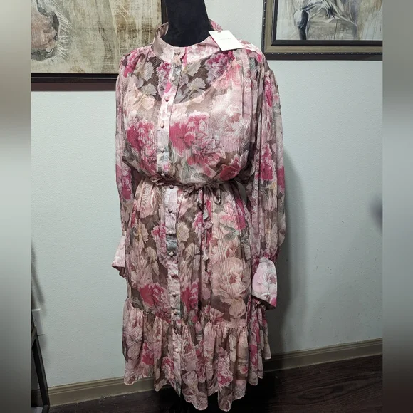 Alex Marie Lana Floral Print Long Puffed Sleeve Mock Neck Tiered Hem Dress